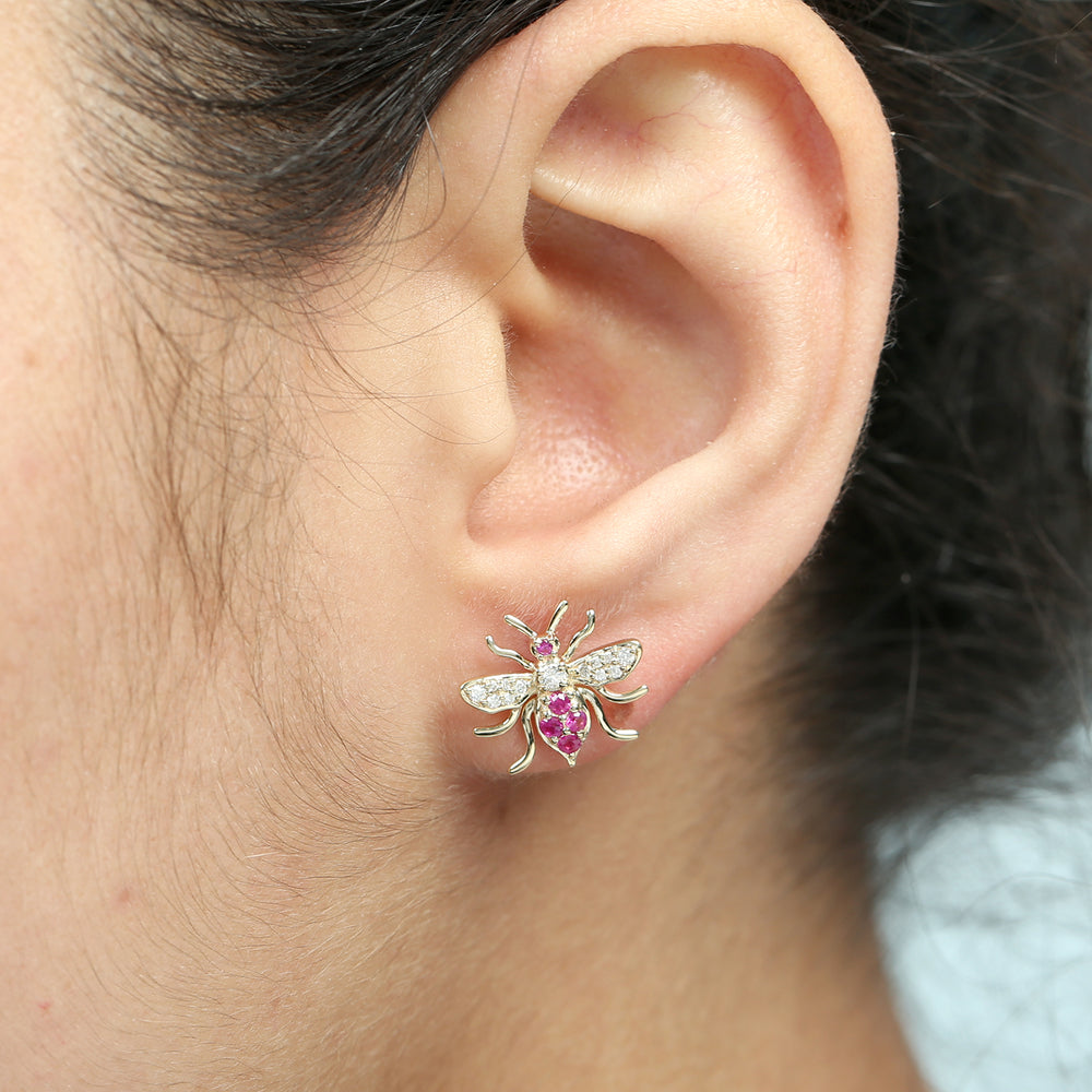 Ruby Pave Diamond Honey Bee Earrings in 14K Yellow Gold
