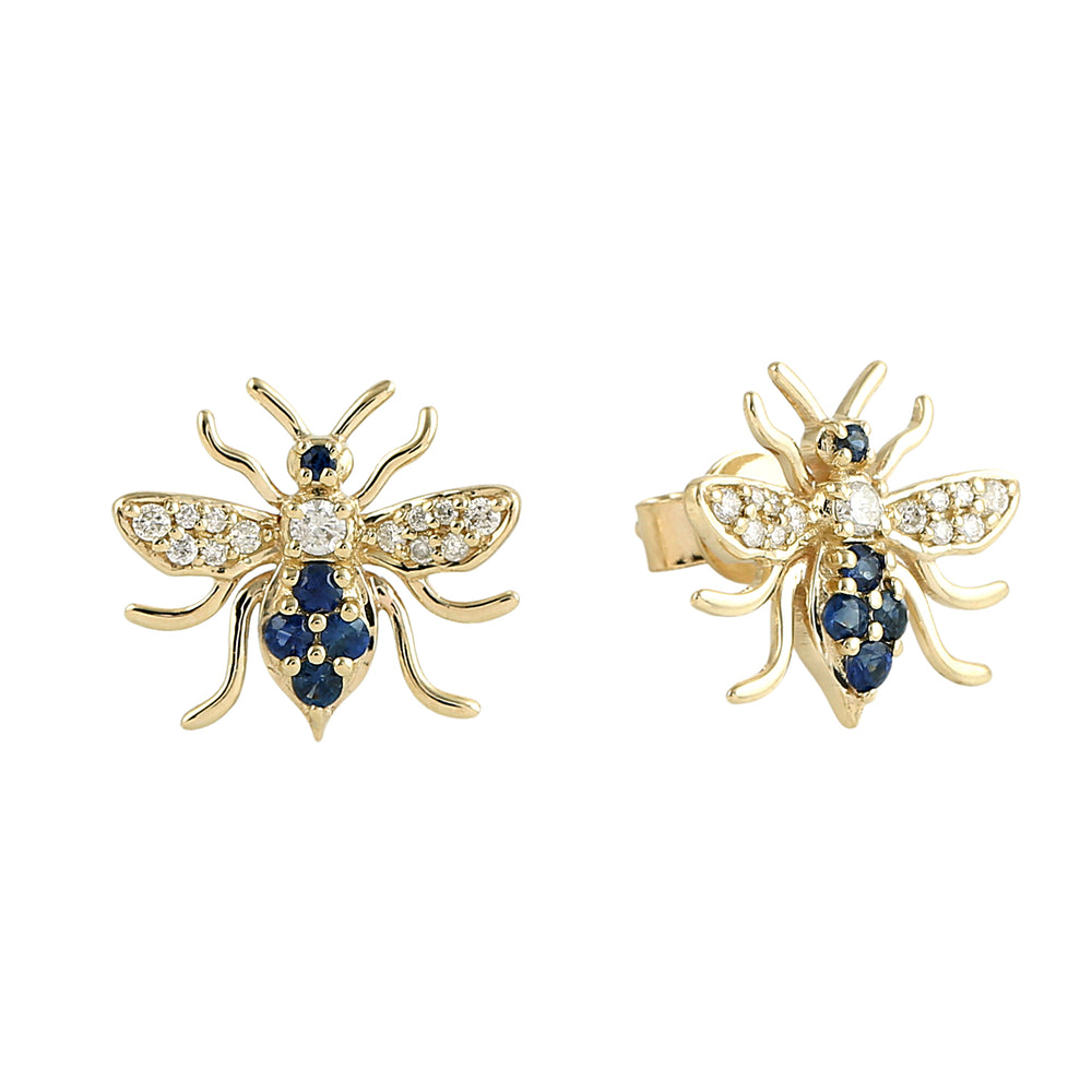 Blue Sapphire Pave Diamond Honey Bee Earrings in 14K Yellow Gold