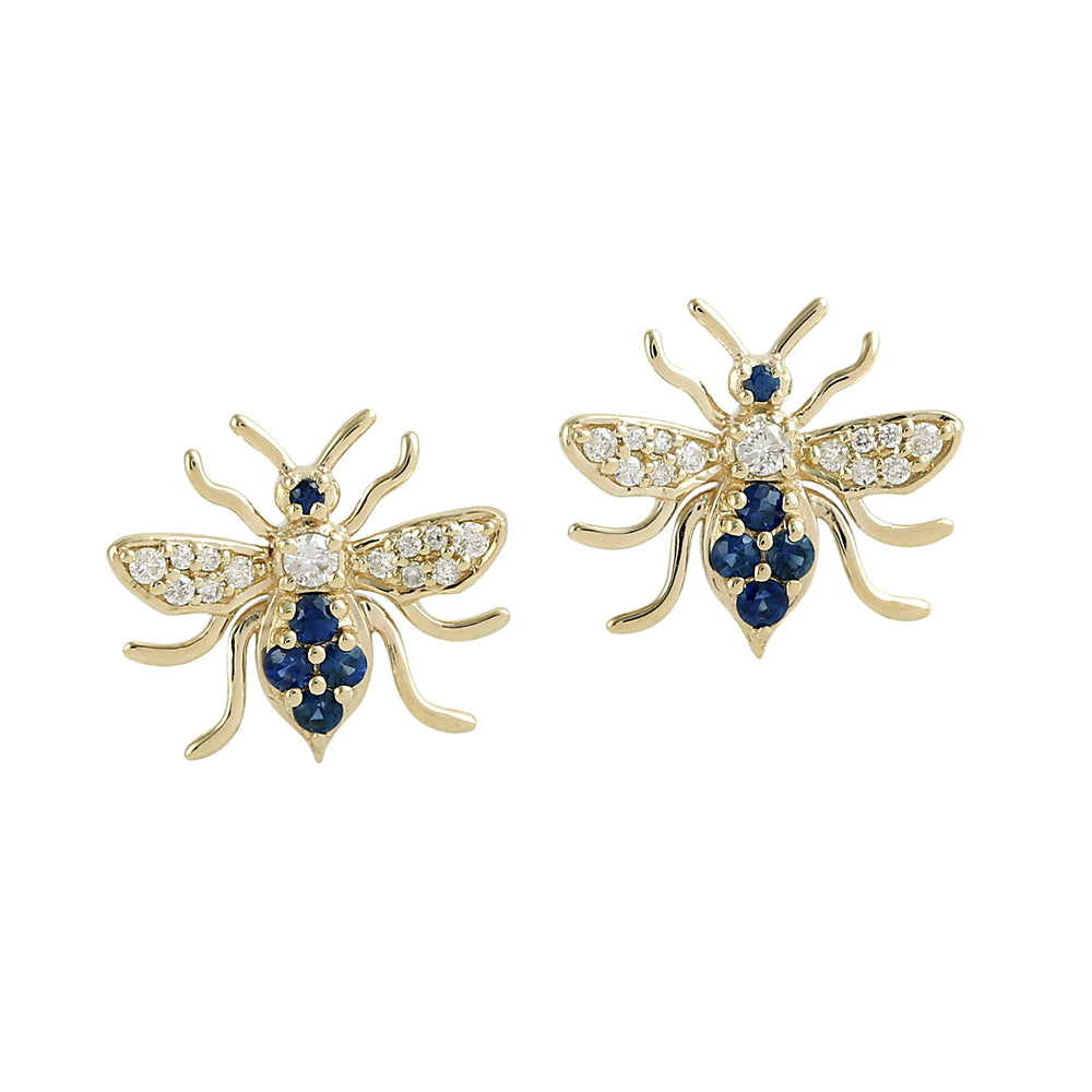 Blue Sapphire Pave Diamond Honey Bee Earrings in 14K Yellow Gold