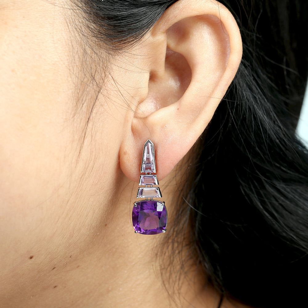 Amethyst & Lavender Amethyst Geometric Drop Earrings in 18K White Gold