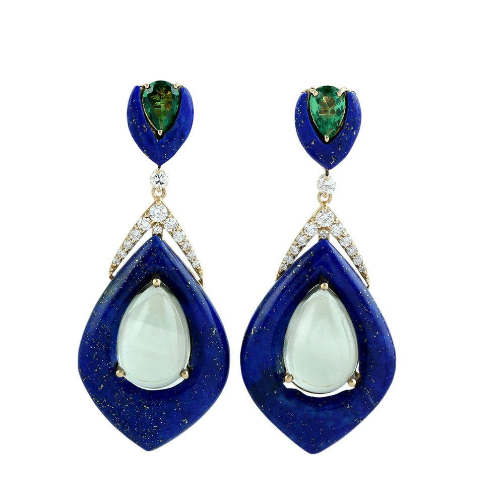 Tsavorite, Lapis Lazuli & Green Amethyst Pave Diamond Drop Earrings in 18K Yellow Gold