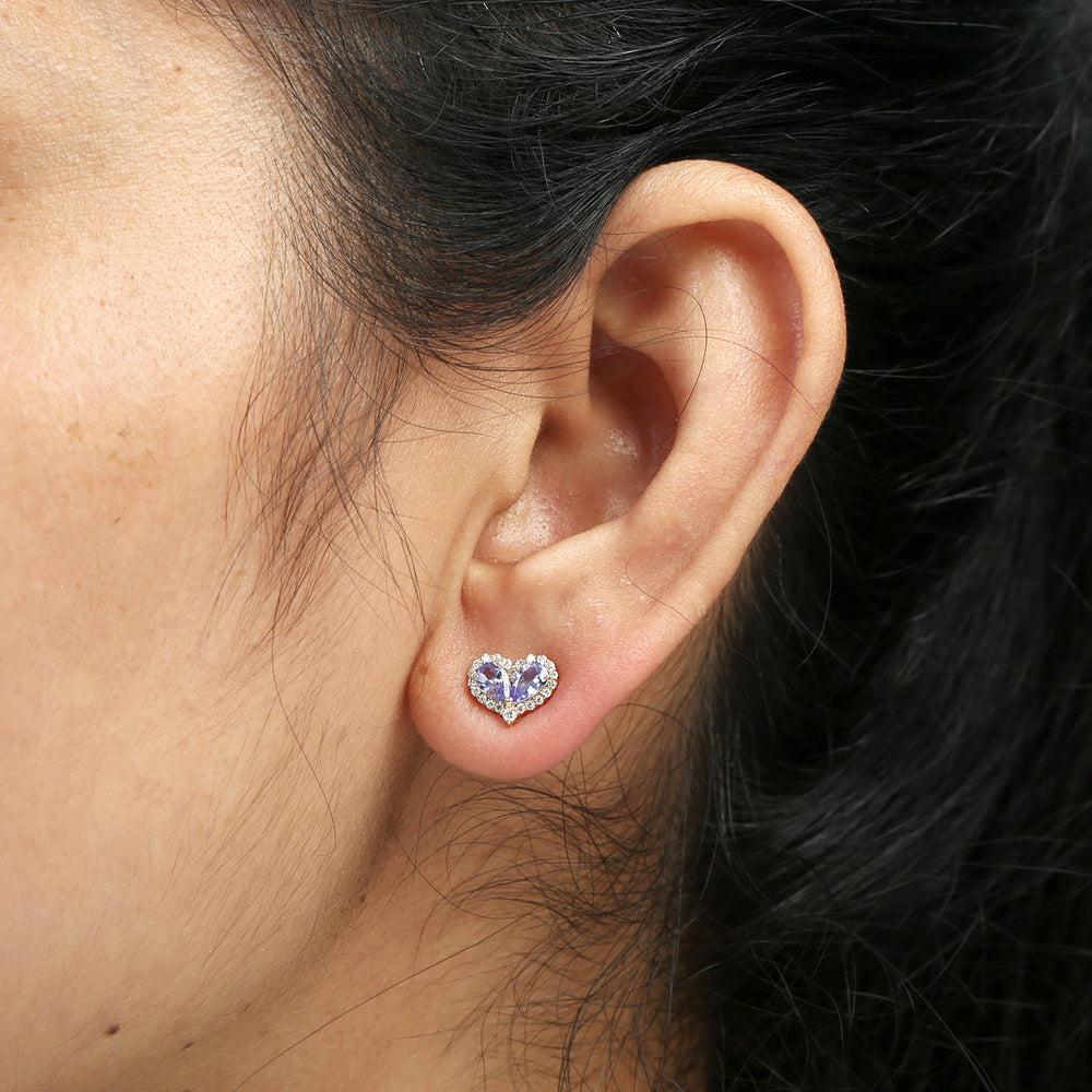 Tanzanite & Diamond Heart Stud Earrings in 18K Yellow Gold