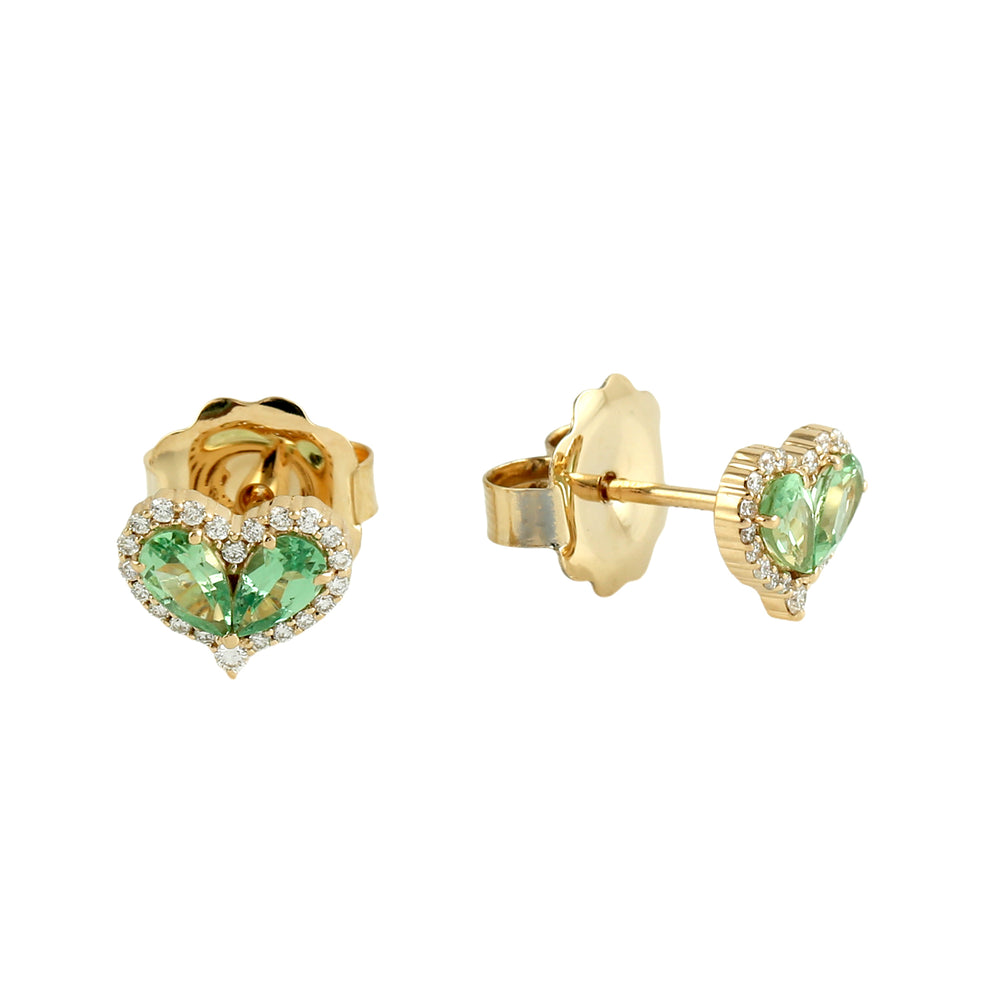 Pear Cut Tsavorite & Diamond Heart Stud Earrings in 18K Yellow Gold