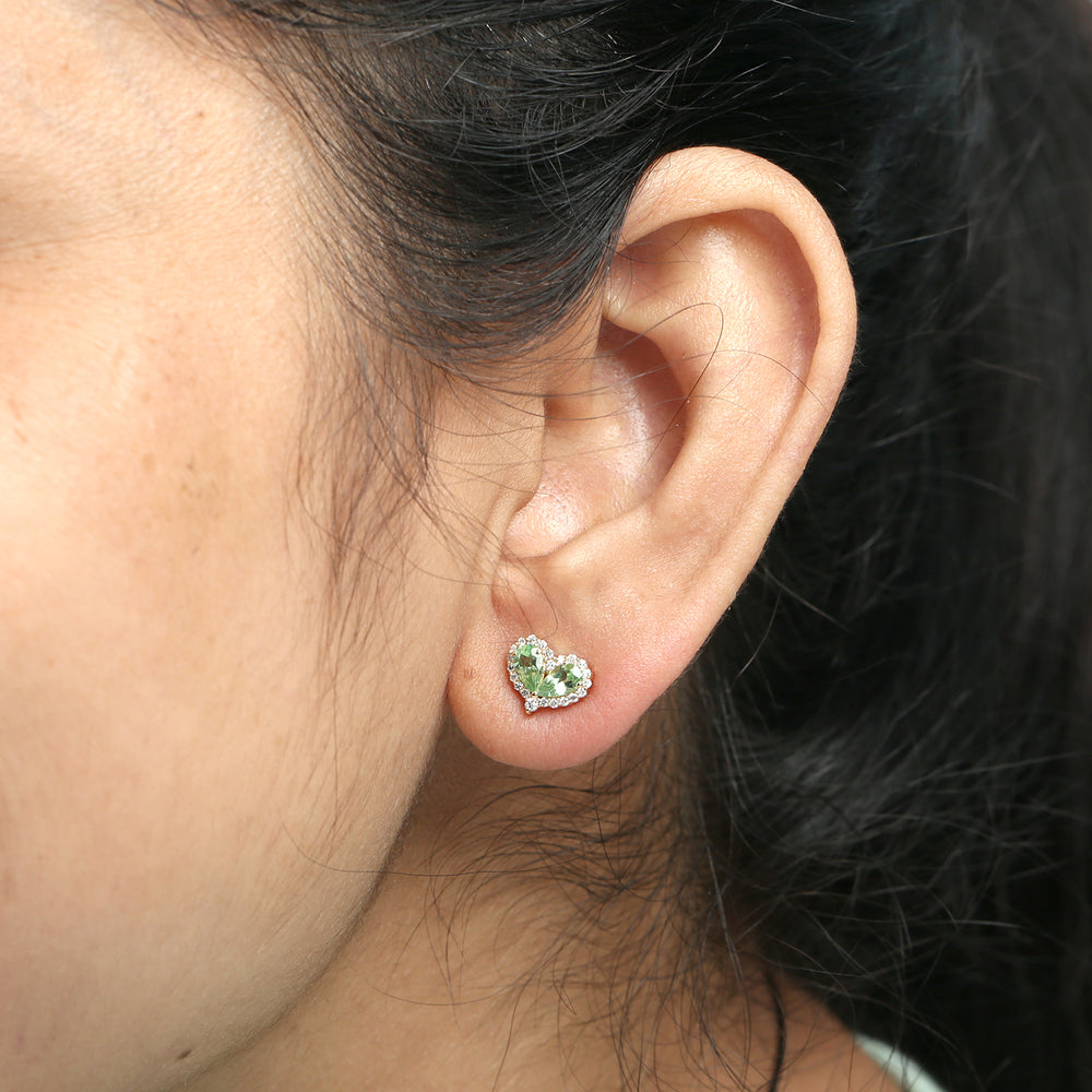Pear Cut Tsavorite & Diamond Heart Stud Earrings in 18K Yellow Gold