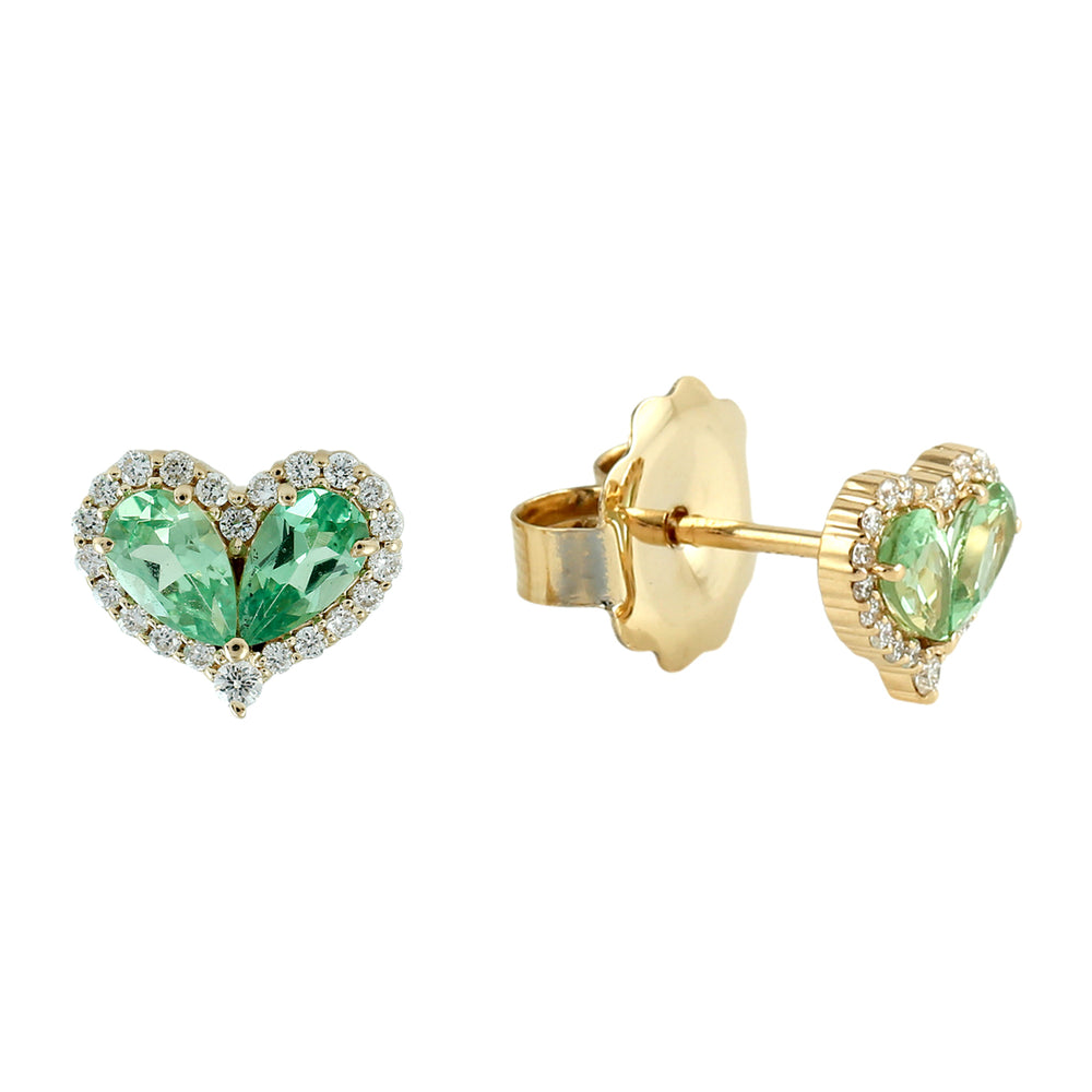 Pear Cut Tsavorite & Diamond Heart Stud Earrings in 18K Yellow Gold