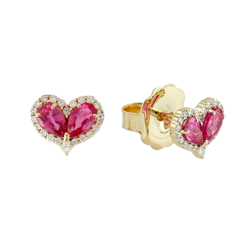 Pear Cut Ruby & Diamond Heart Stud Earrings in 18K Yellow Gold