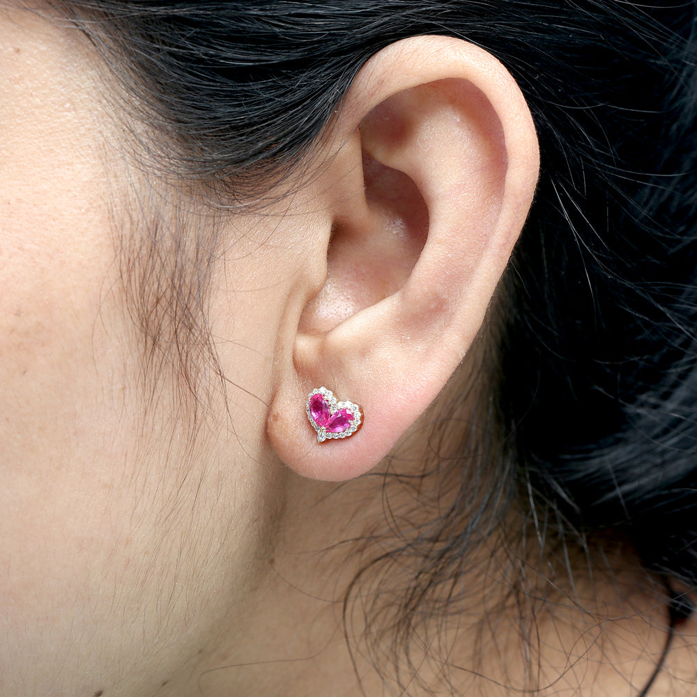 Pear Cut Ruby & Diamond Heart Stud Earrings in 18K Yellow Gold
