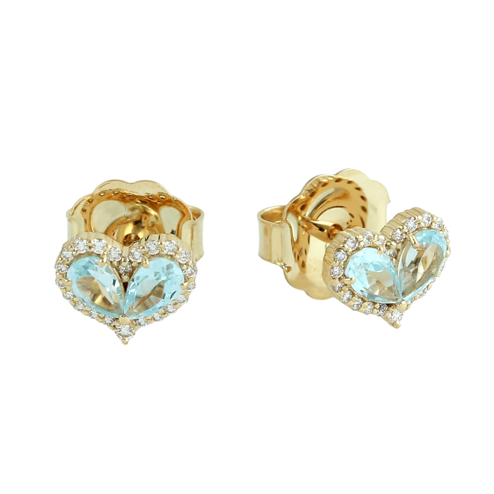 Blue Topaz & Diamond Heart Stud Earrings in 18K Yellow Gold