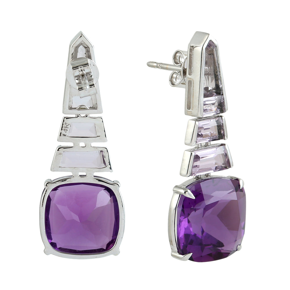 Cushion Cut Amethyst Gemstone Geometric Earrings in 14K White Gold