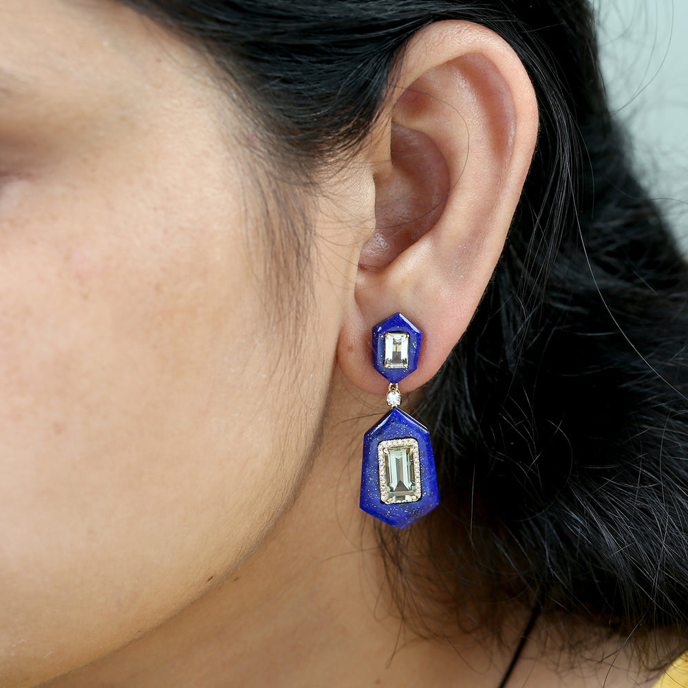 Fancy Cut Lapis & Green Amethyst Dangle Earrings in 18K Yellow Gold