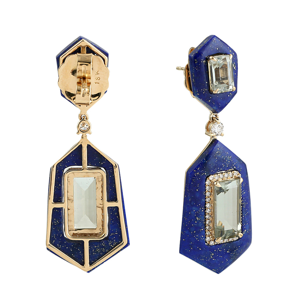 Fancy Cut Lapis & Green Amethyst Dangle Earrings in 18K Yellow Gold