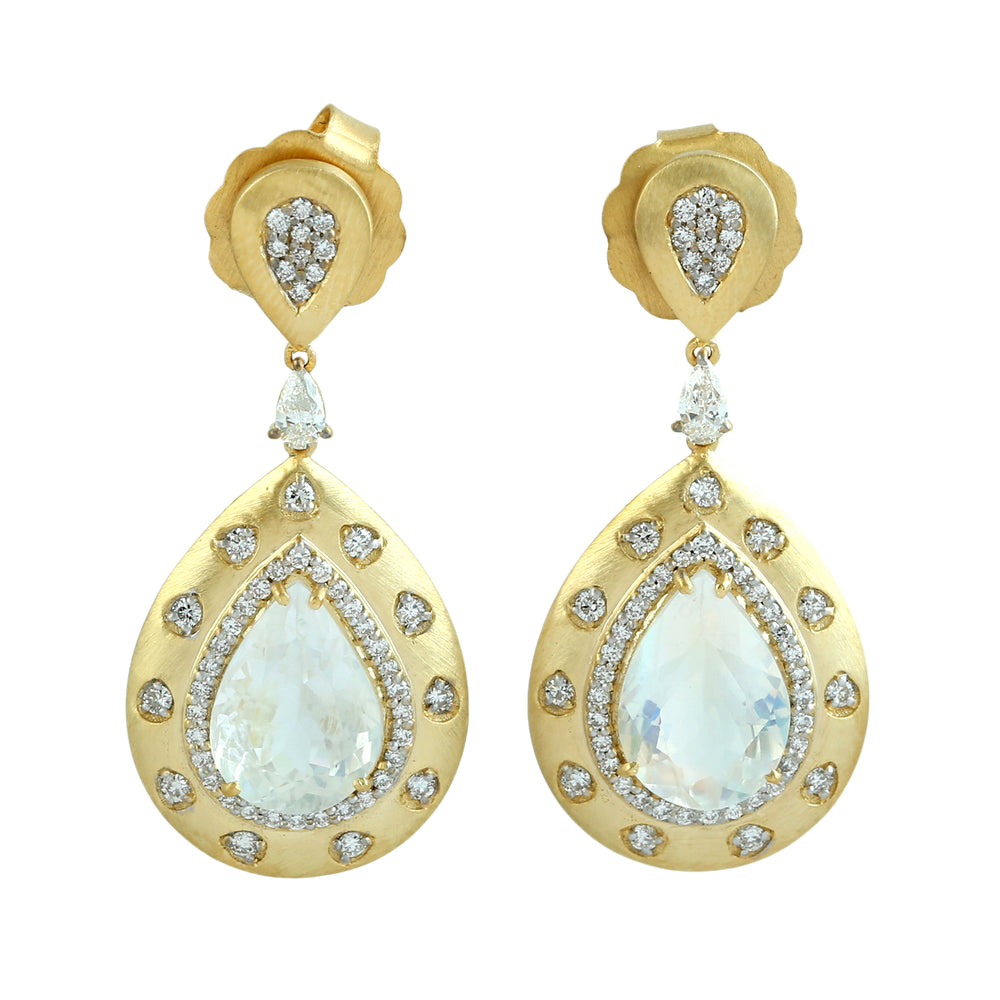 Blue Moonstone Pave Diamond Bridal Earrings in 14K Yellow Gold