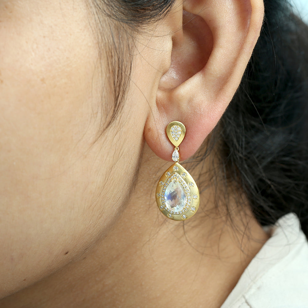 Blue Moonstone Pave Diamond Bridal Earrings in 14K Yellow Gold