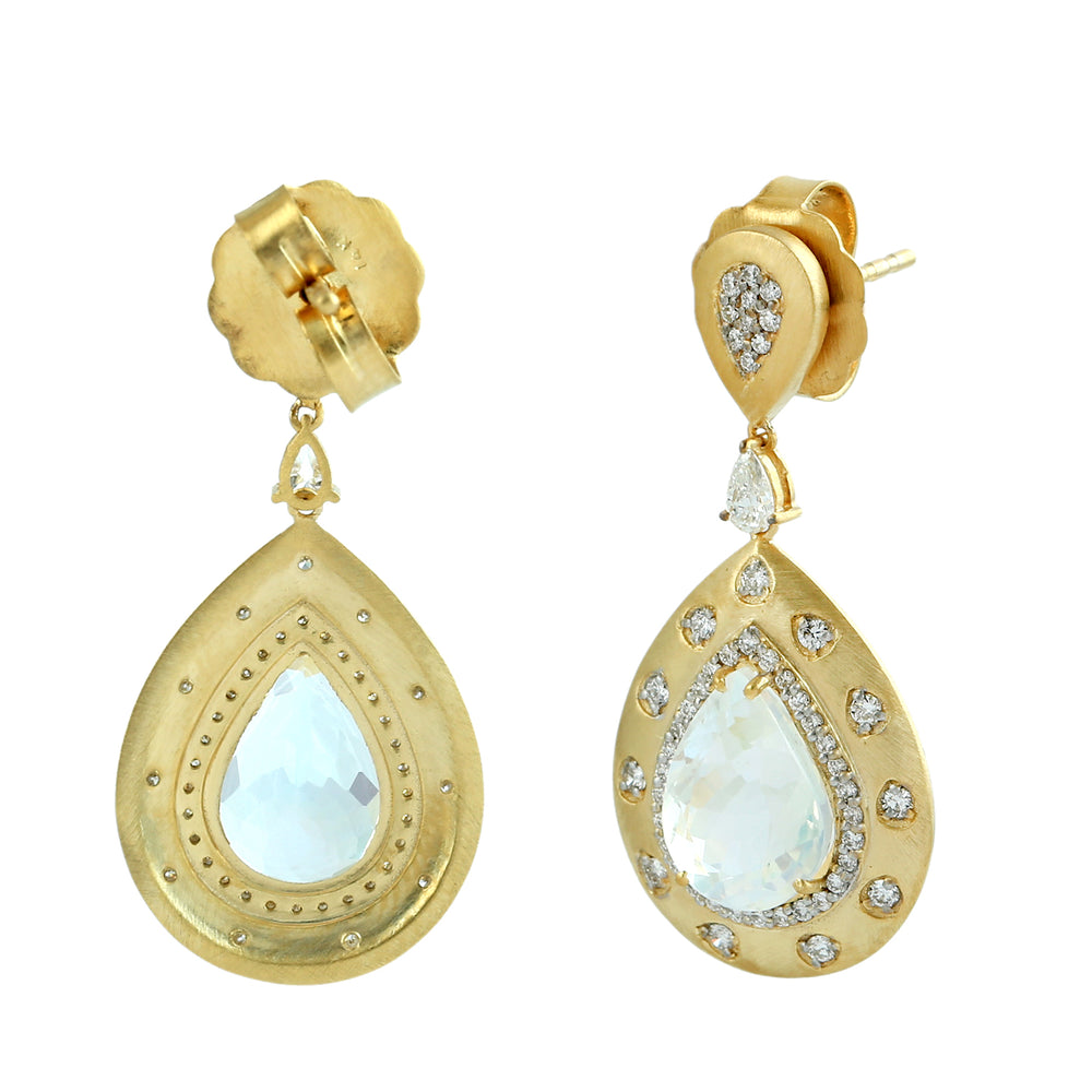 Blue Moonstone Pave Diamond Bridal Earrings in 14K Yellow Gold