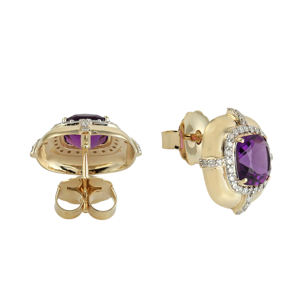 Cushion Cut Amethyst Pave Diamond Stud Earrings in 14K Yellow Gold