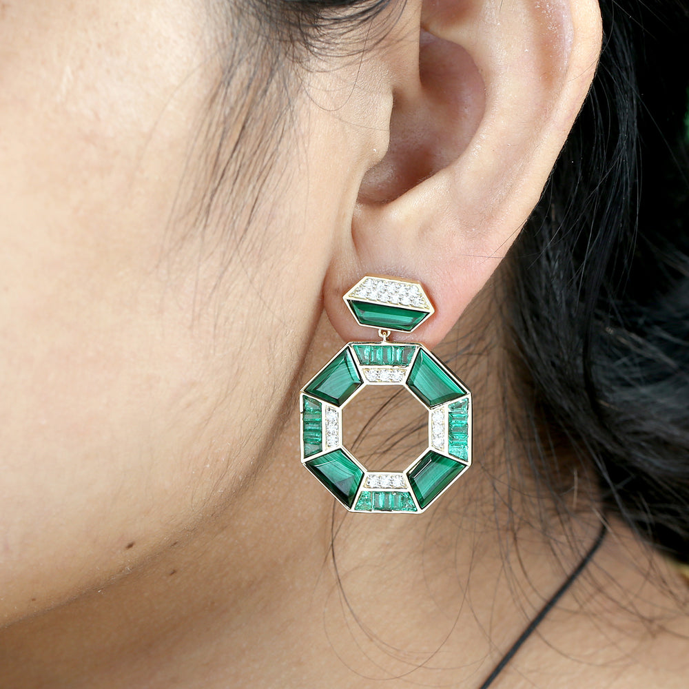 Malachite & Baguette Emerald Pave Diamond Dangle Earrings in 18K Yellow Gold