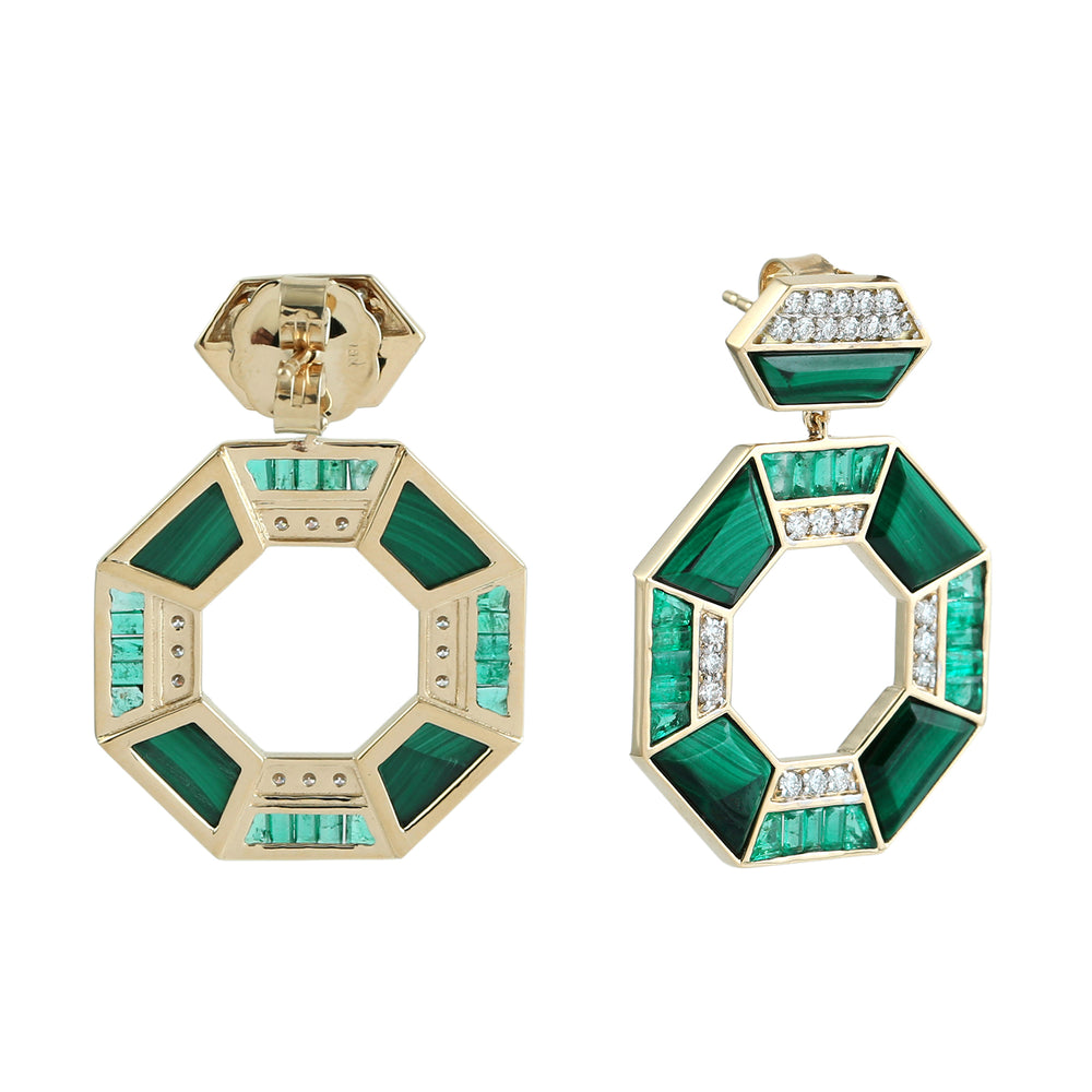 Malachite & Baguette Emerald Pave Diamond Dangle Earrings in 18K Yellow Gold