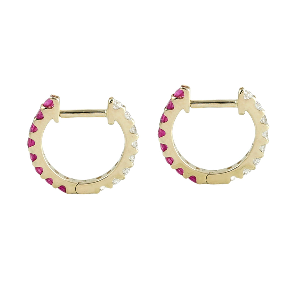 Ruby & Diamond Dual Side Hoop Earrings in 14K Yellow Gold