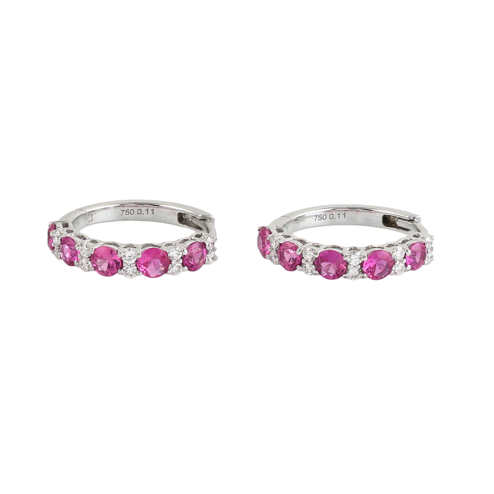 Pink Ruby & Diamond Hoop Earrings in 18K White Gold