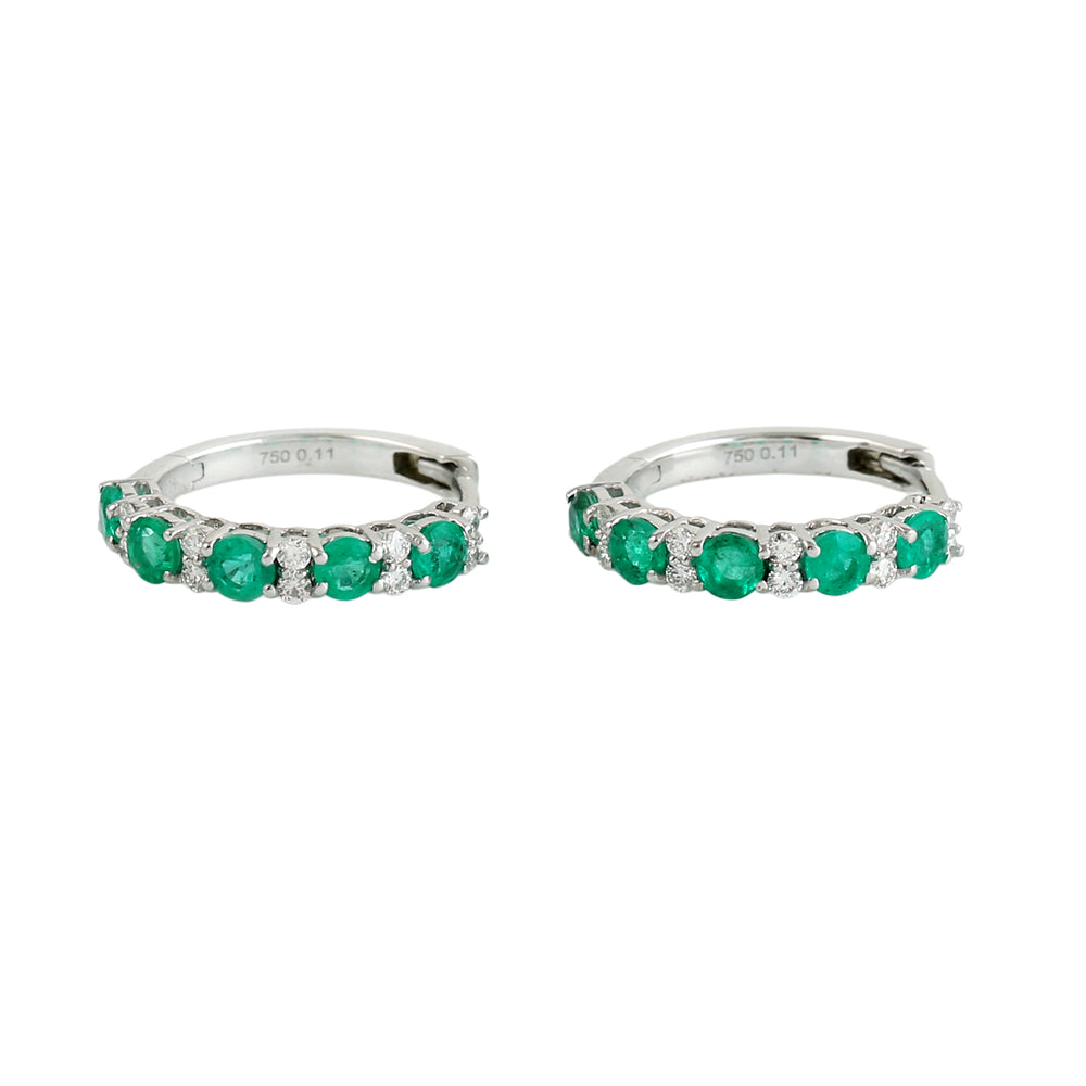 Emerald & Diamond Hoop Earrings in 18K White Gold