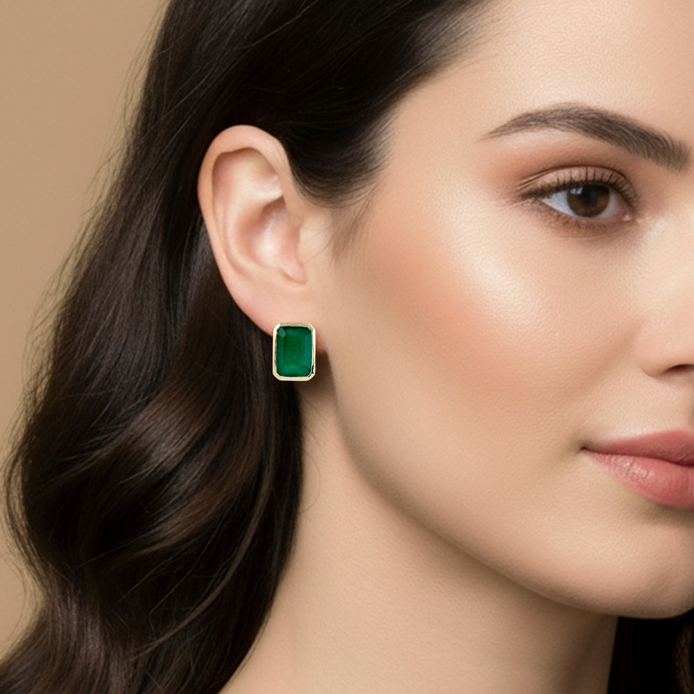 Octagon Cut Emerald Gemstone Stud Earrings in 14K Yellow Gold