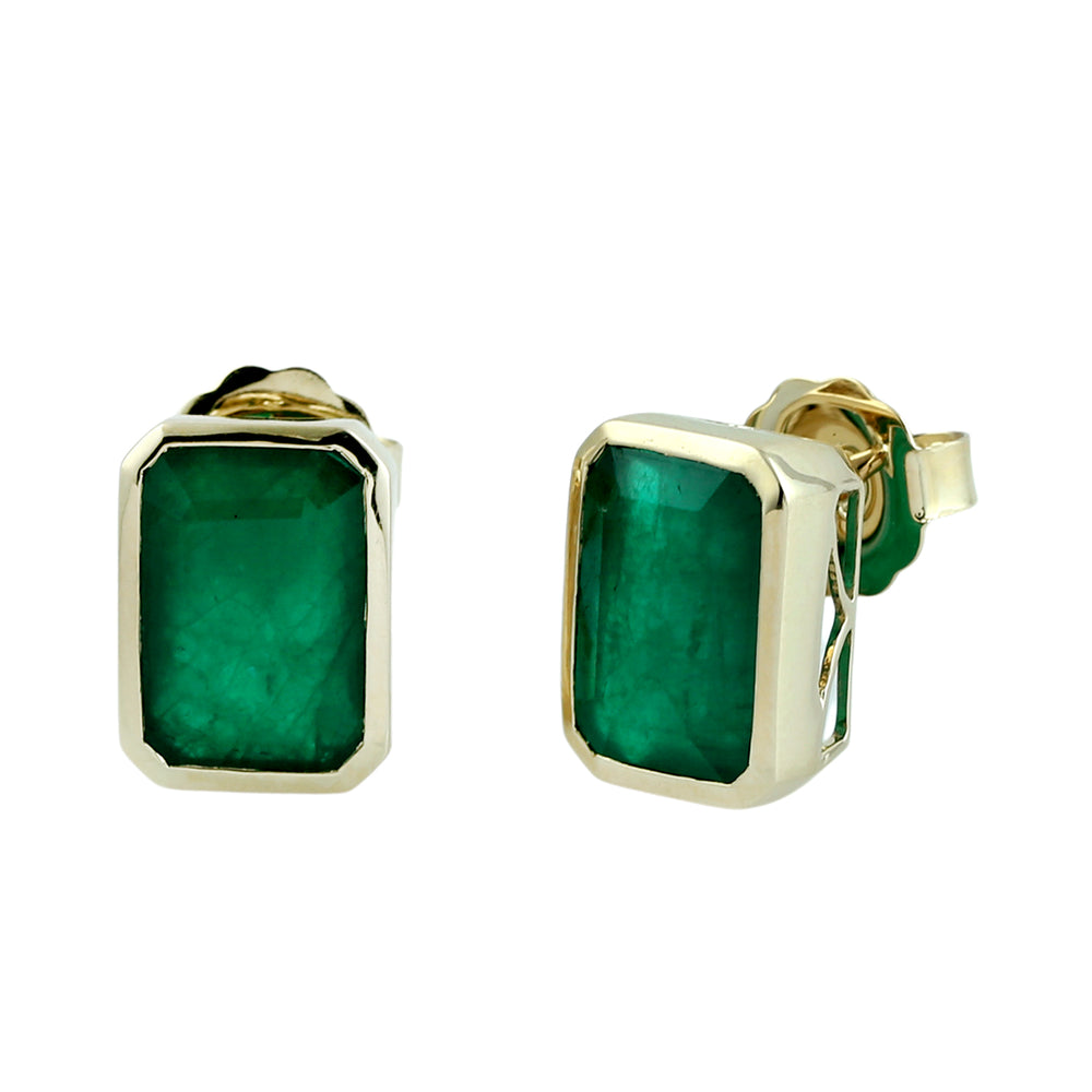 Octagon Cut Emerald Gemstone Stud Earrings in 14K Yellow Gold
