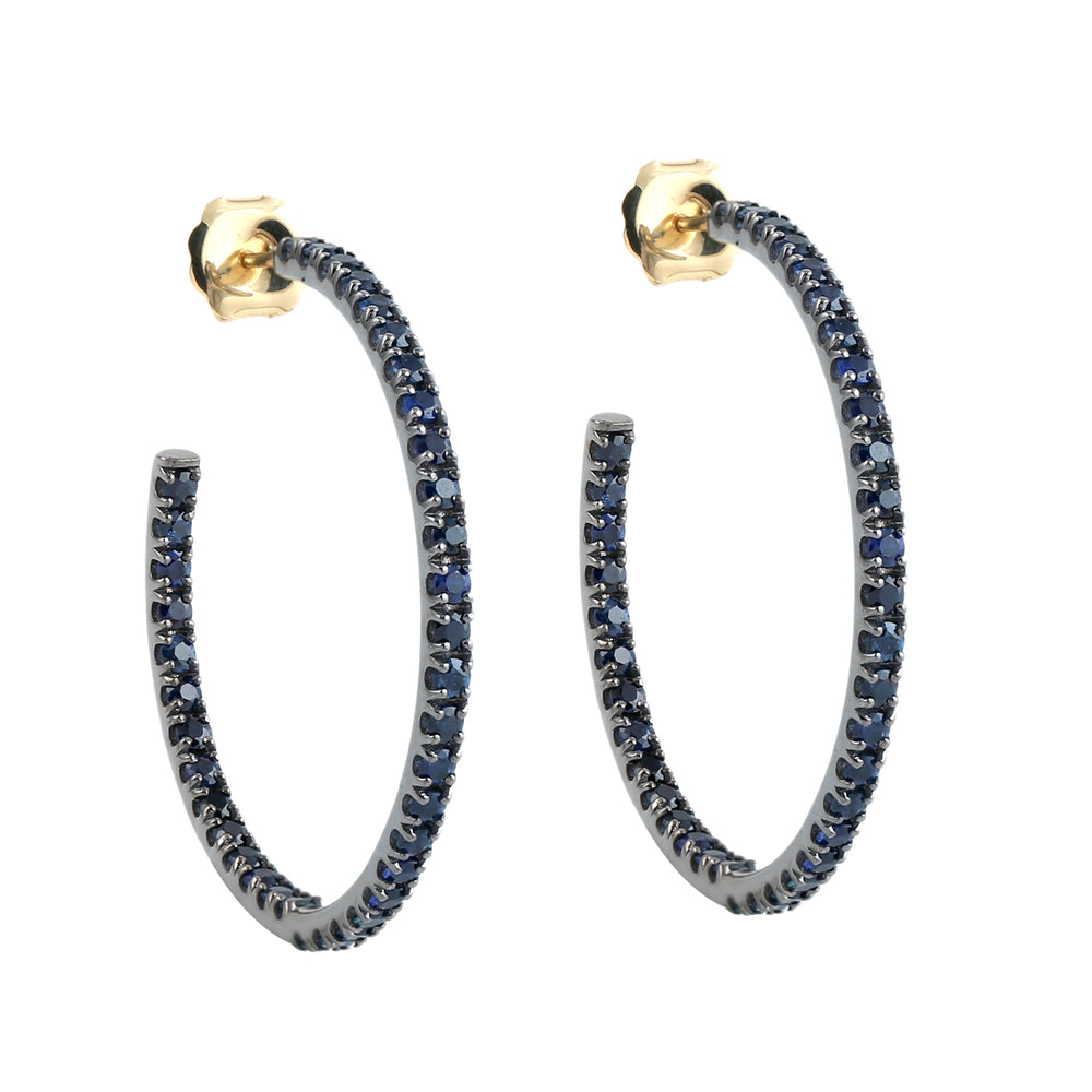 Pave Blue Sapphire Hoop Earrings in 18K Yellow Gold & 925 Silver