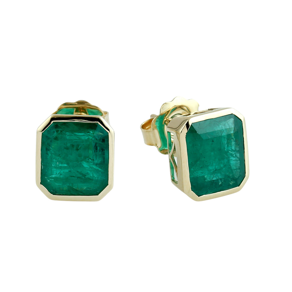Octagon Cut Emerald Gemstone Stud Earrings in 14K Yellow Gold