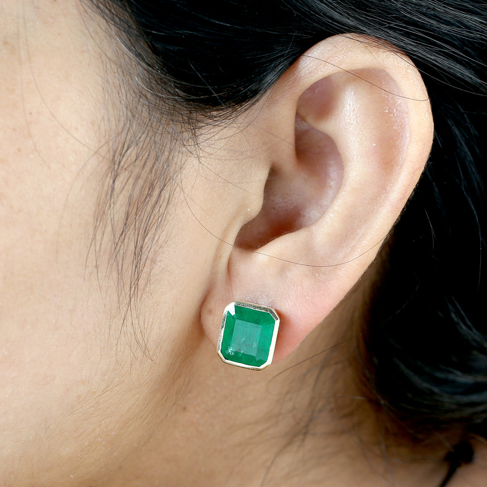 Octagon Cut Emerald Gemstone Stud Earrings in 14K Yellow Gold