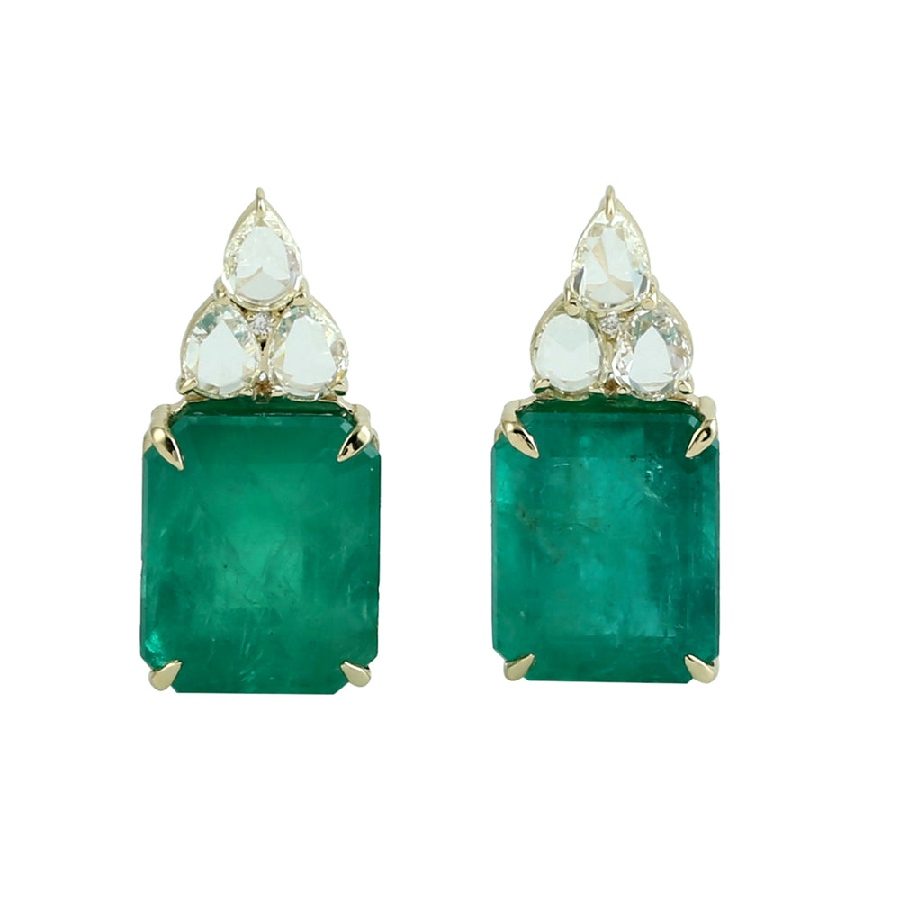 Emerald Cut Emerald & Rose Cut Diamond Stud Earrings in 14K Yellow Gold