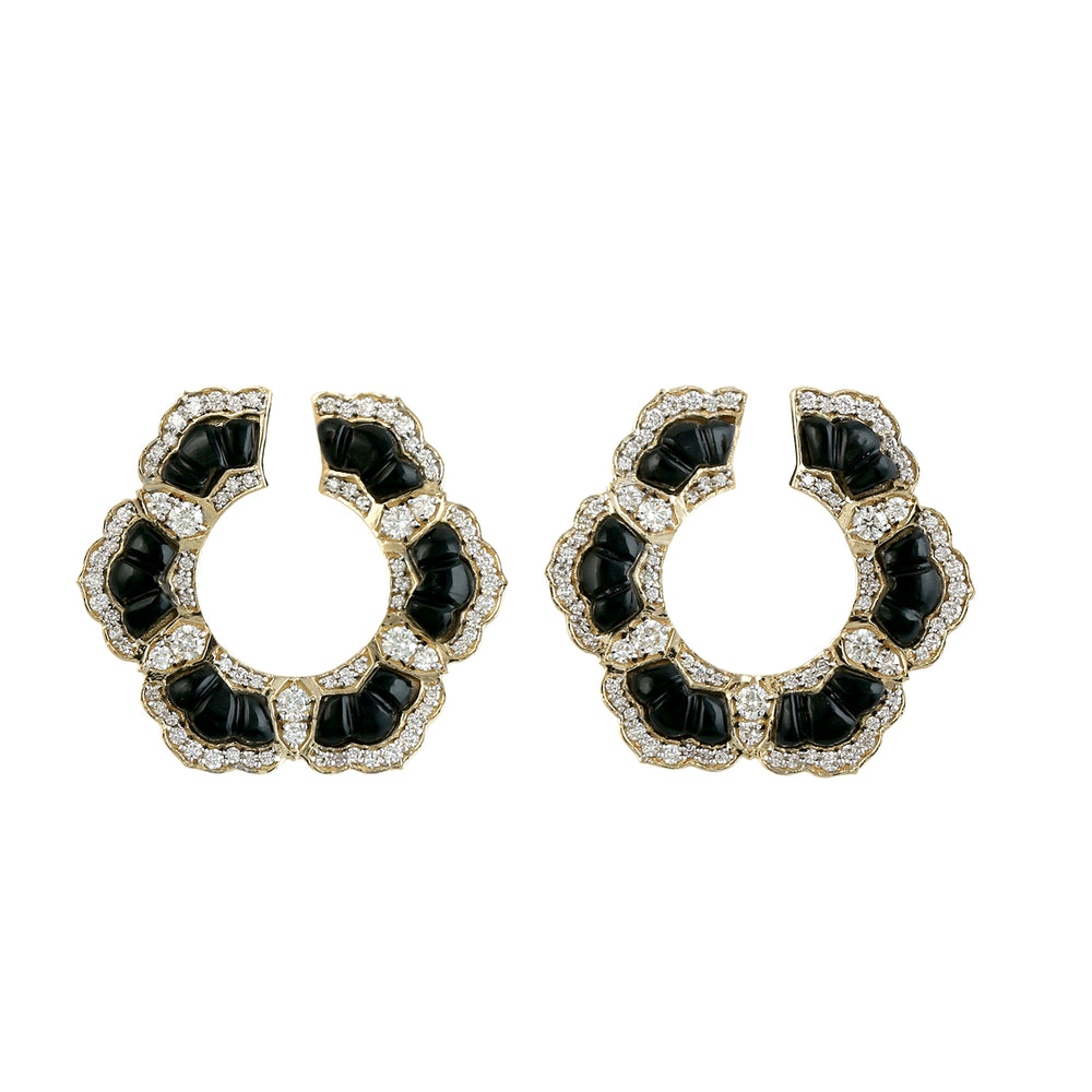 Carved Onyx Pave Diamond Open Hoop Earrings in 18K Yellow Gold