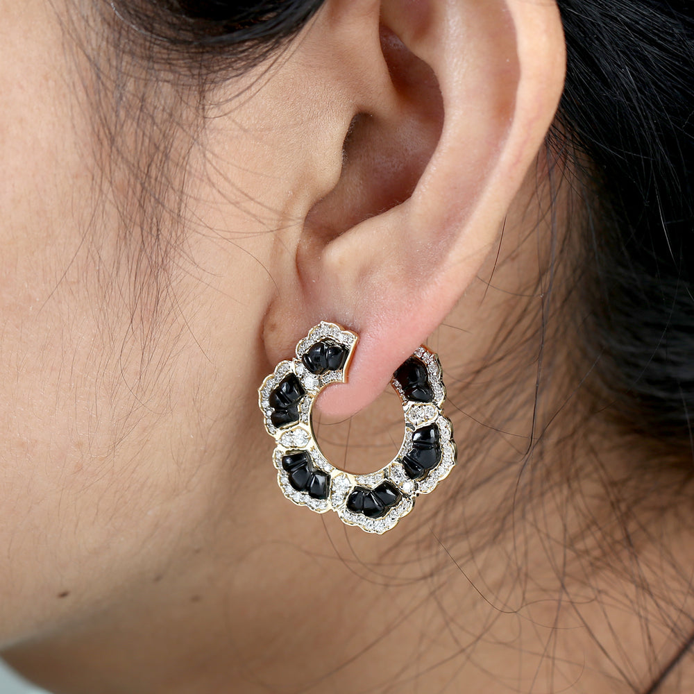 Carved Onyx Pave Diamond Open Hoop Earrings in 18K Yellow Gold