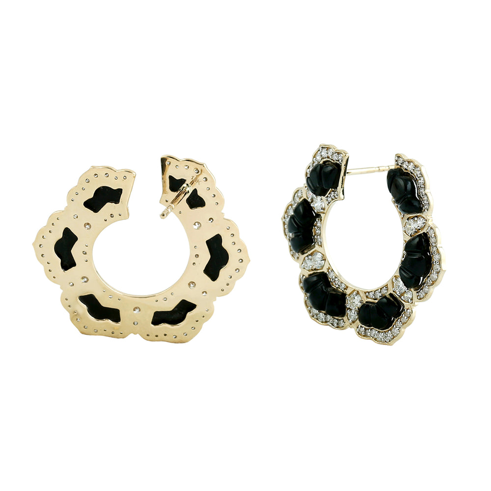 Carved Onyx Pave Diamond Open Hoop Earrings in 18K Yellow Gold