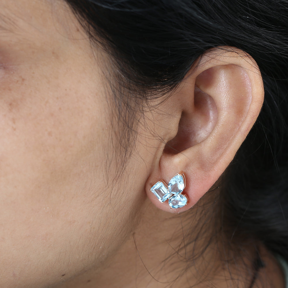 Blue Topaz Gemstone Prong Stud Earrings in 18K Rose Gold