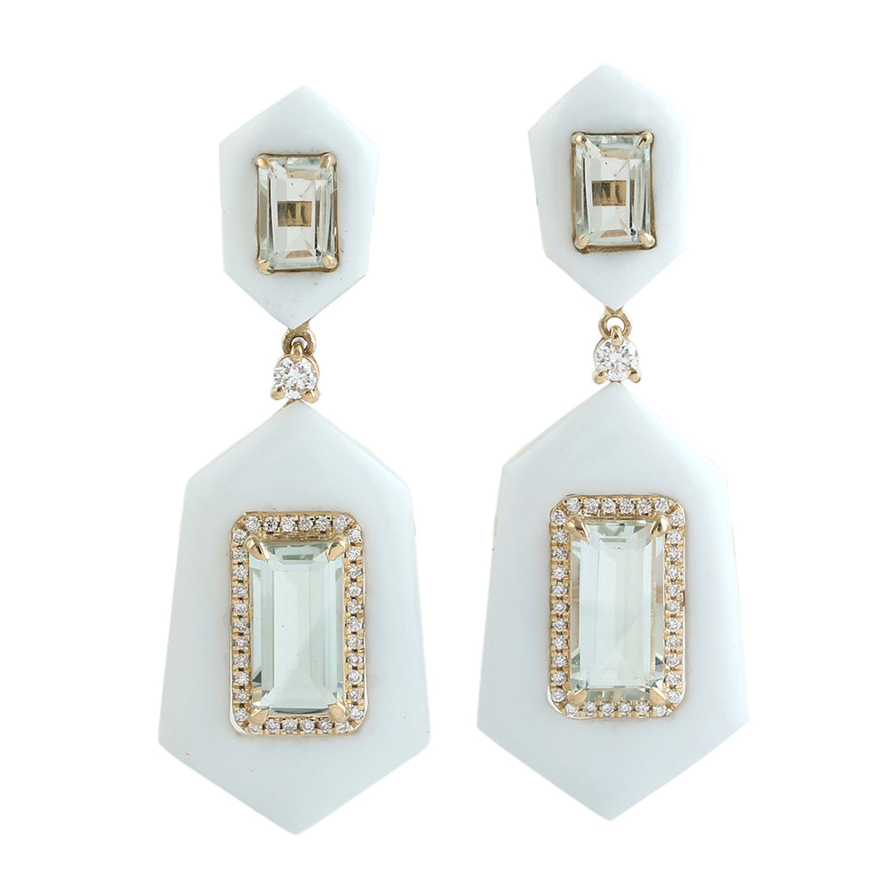 Green Amethyst & Onyx Pave Diamond Designer Earrings in 18K Yellow Gold