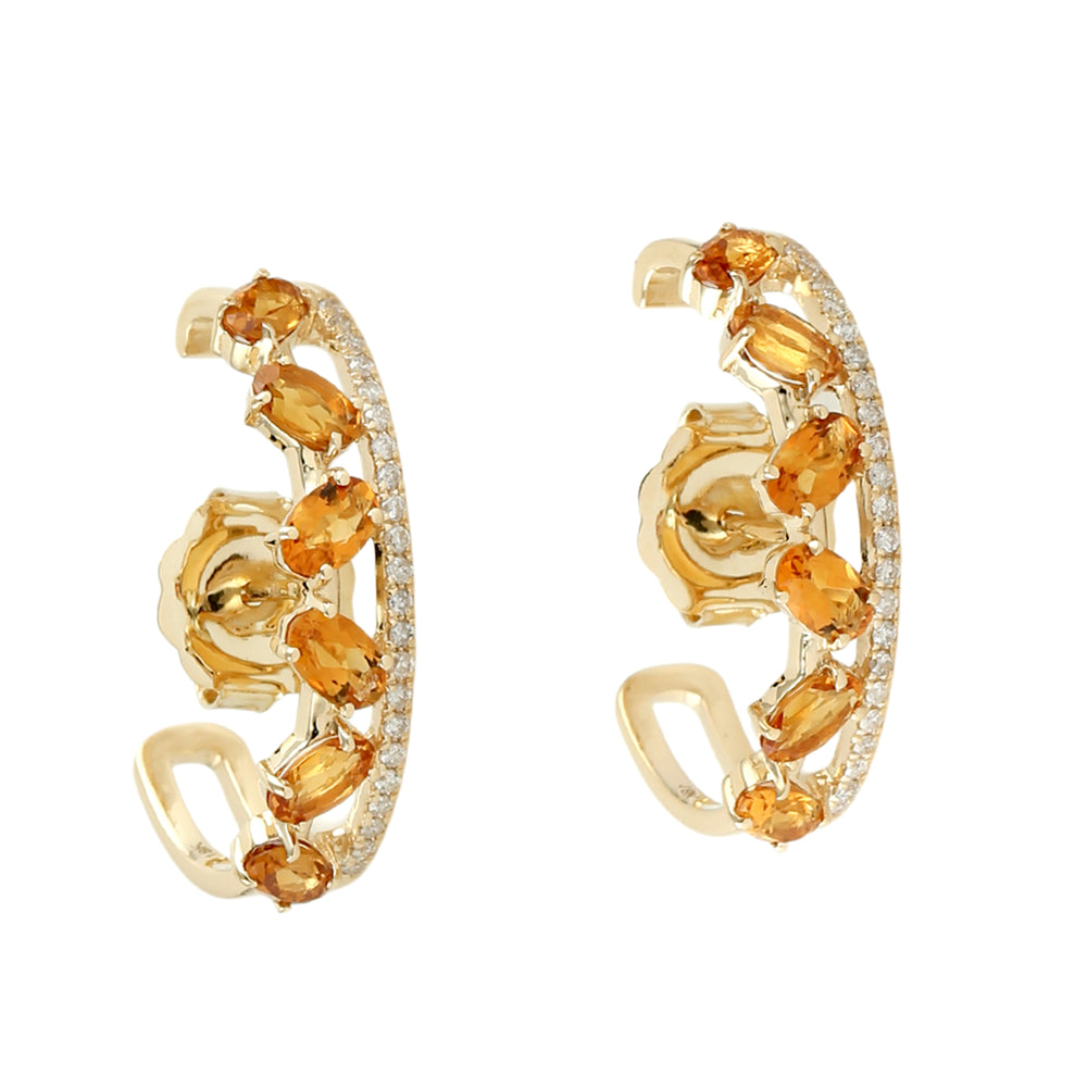 Oval Citrine Gemstone Pave Diamond Hoop Earrings in 18K Yellow Gold