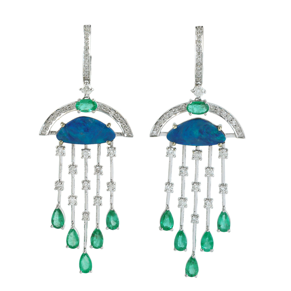 Opal Doublet & Emerald Prong Diamond Chandelier Earrings in 14K White Gold