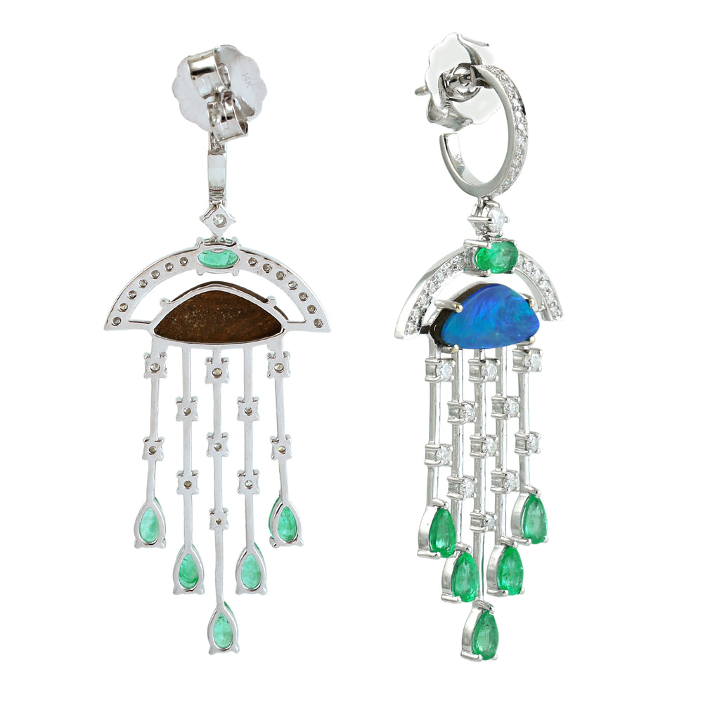 Opal Doublet & Emerald Prong Diamond Chandelier Earrings in 14K White Gold