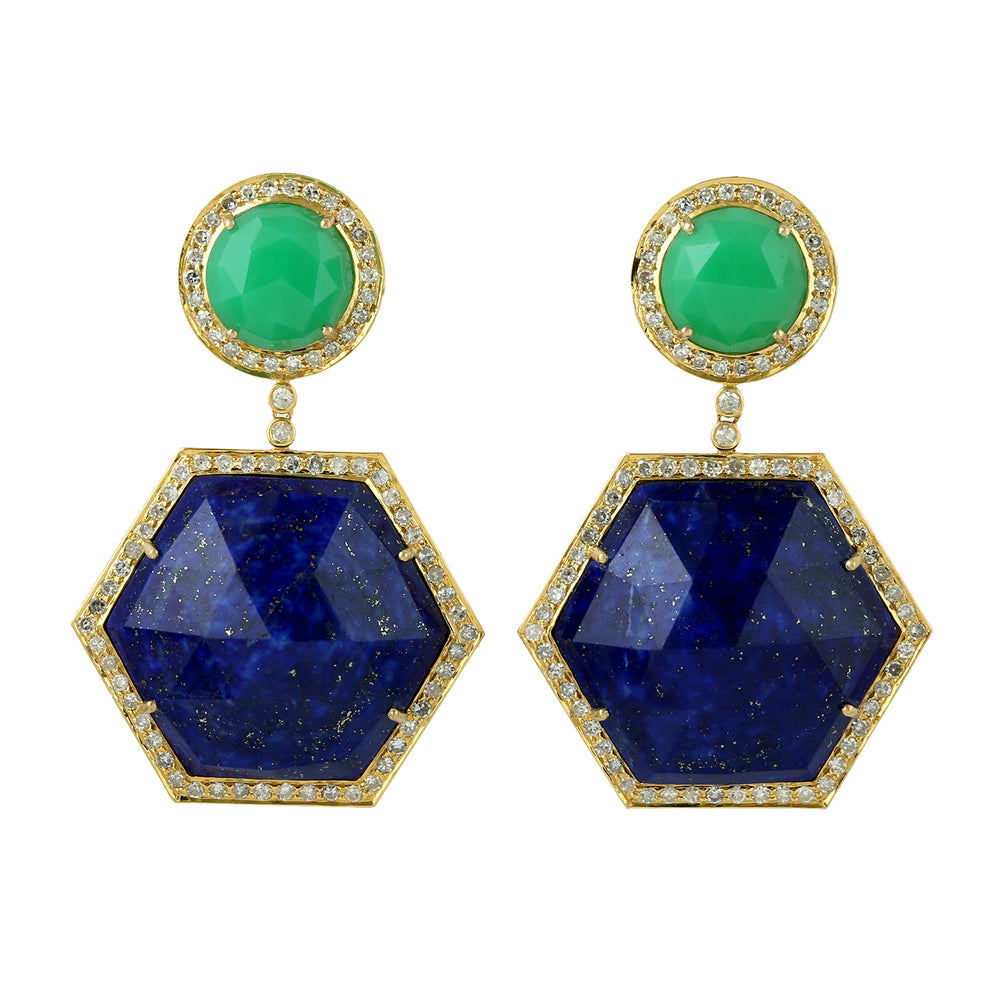 Hexagon Lapis Chrysoprase Diamond Danglers In 18k Yellow Gold