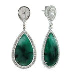 Natural Pear Emerald Bezel Set Rose Cut Wedding Drop Dangler Made In 18K White Gold