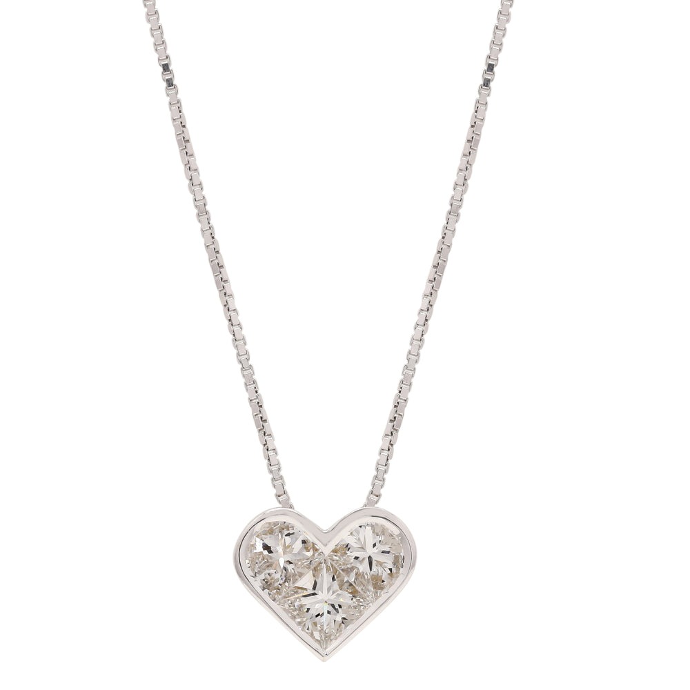 Square Cut Rose Cut Diamond Box Chain Heart Princess Necklace In White Gold