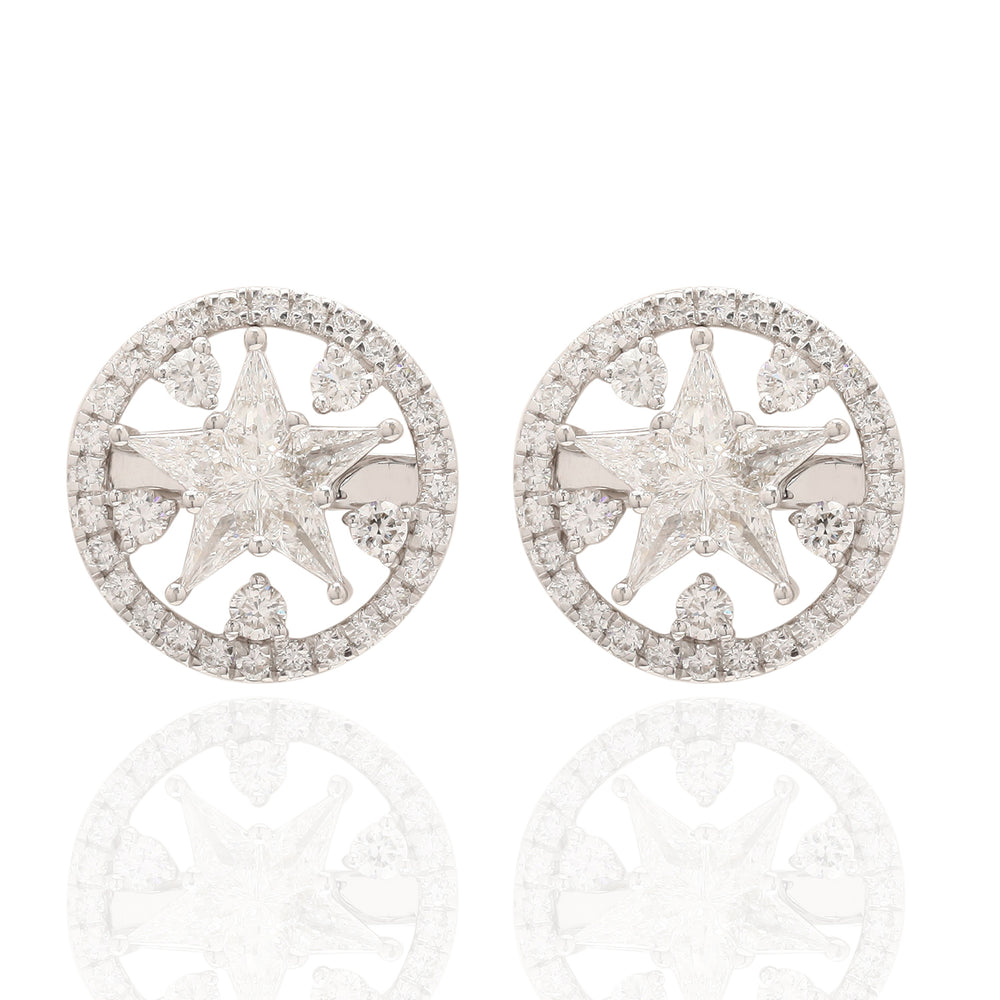 Diamond Starburst Circle Stud Earrings in 18K White Gold