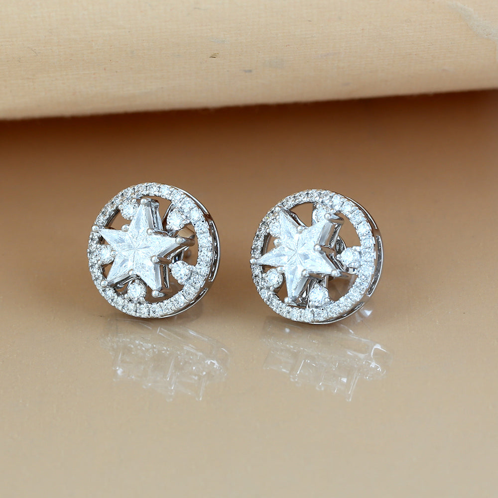 Diamond Starburst Circle Stud Earrings in 18K White Gold