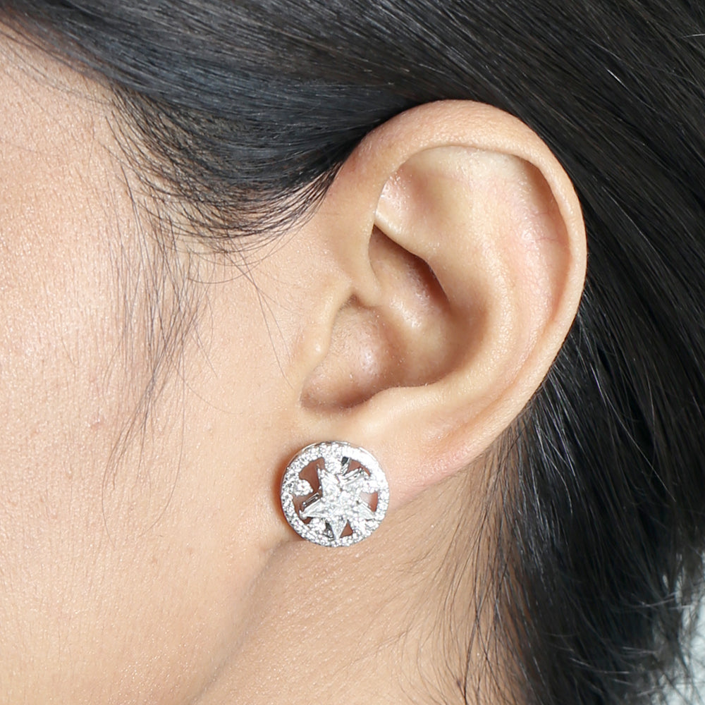 Diamond Starburst Circle Stud Earrings in 18K White Gold