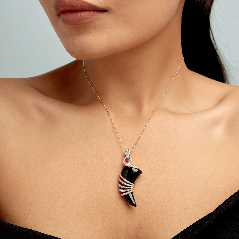 18K Rose Gold Designer Horn Pendant with Onyx and Pave Diamonds