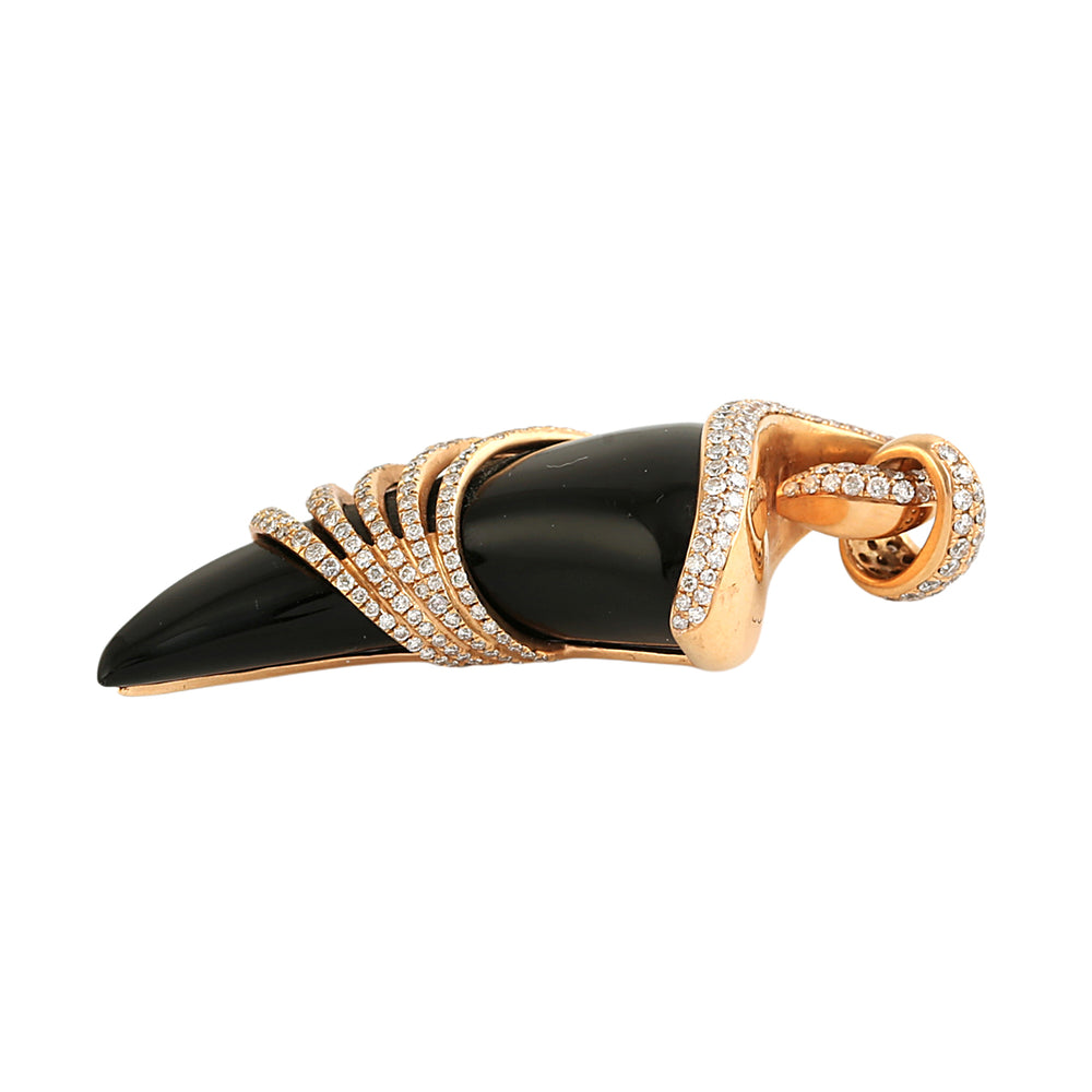 18K Rose Gold Designer Horn Pendant with Onyx and Pave Diamonds