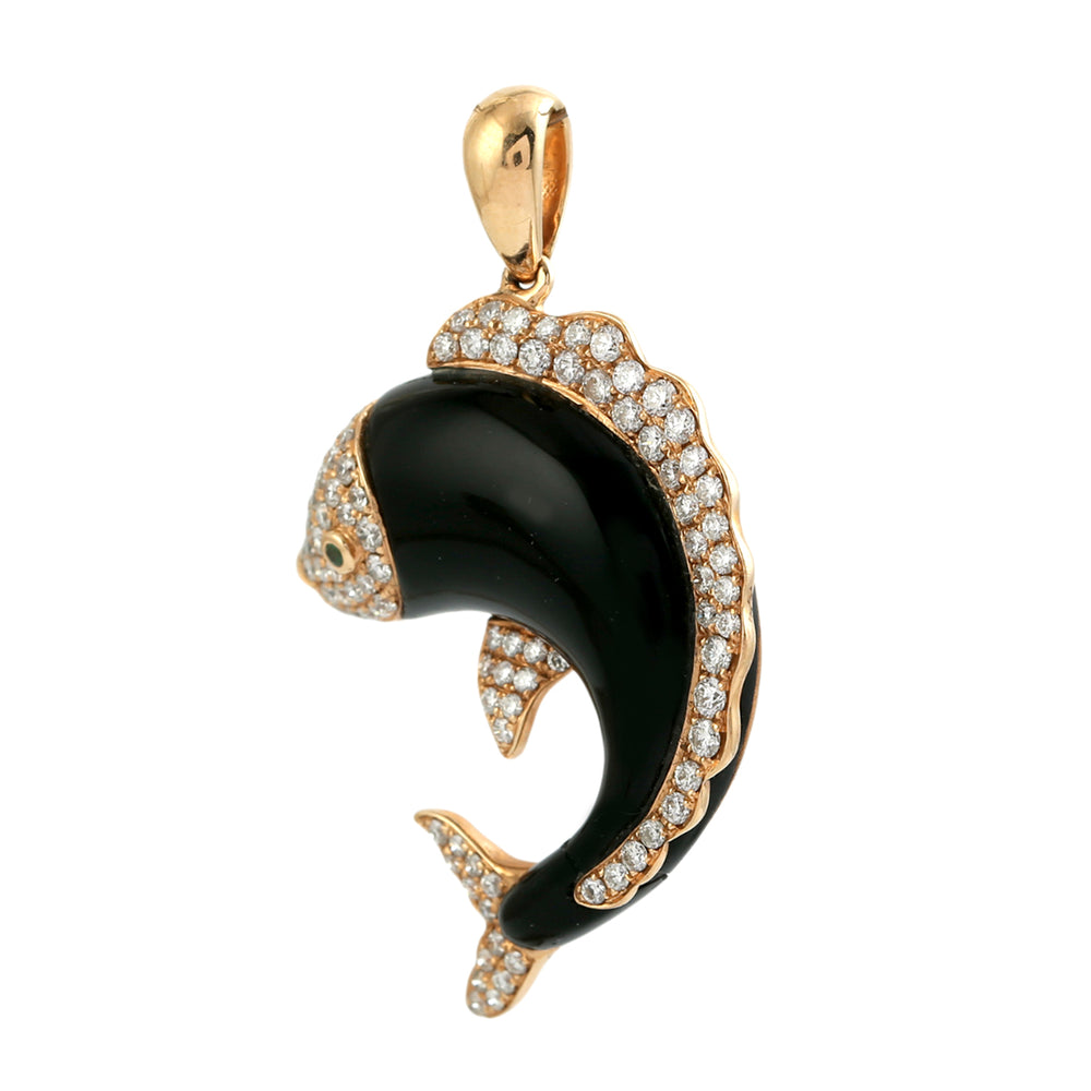 Onyx Gemstone Fish Pendant with Pave Diamonds in 18K Rose Gold
