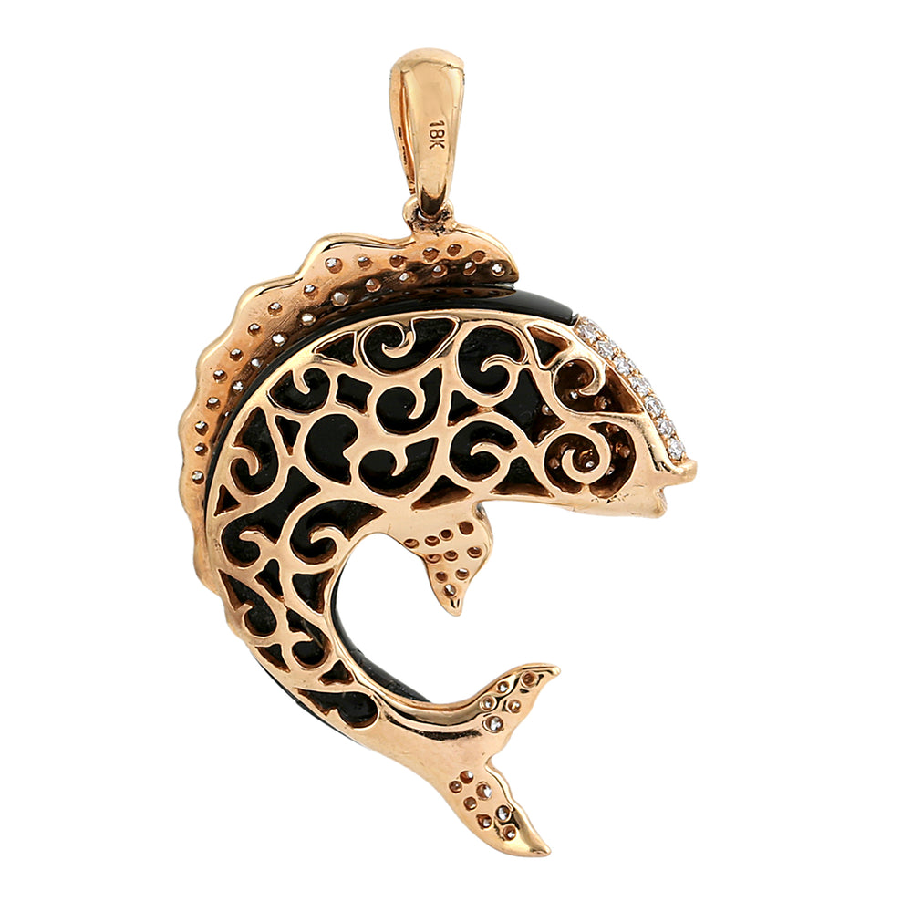 Onyx Gemstone Fish Pendant with Pave Diamonds in 18K Rose Gold