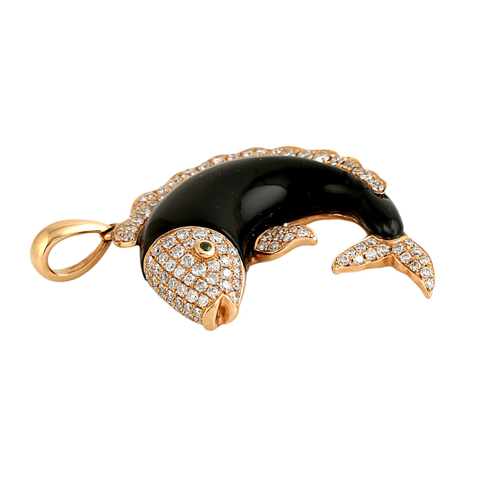 Onyx Gemstone Fish Pendant with Pave Diamonds in 18K Rose Gold