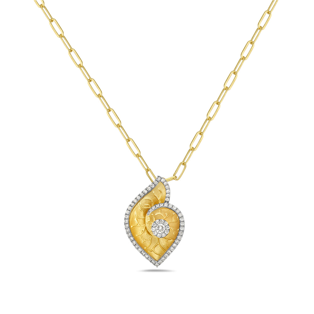 Natural Diamond Shankh Shape Pendant Necklace In 14K Yellow Gold Jewelry